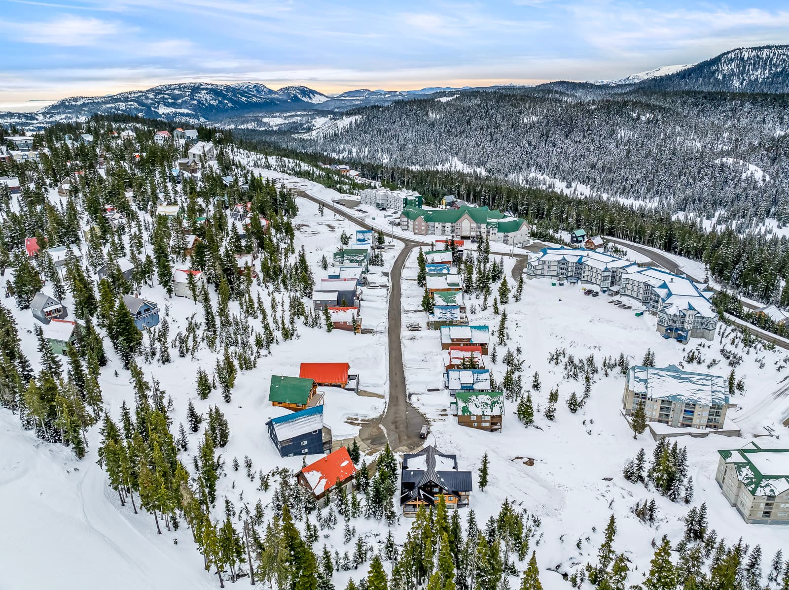 Aerial view of the Mount Washington village in winter